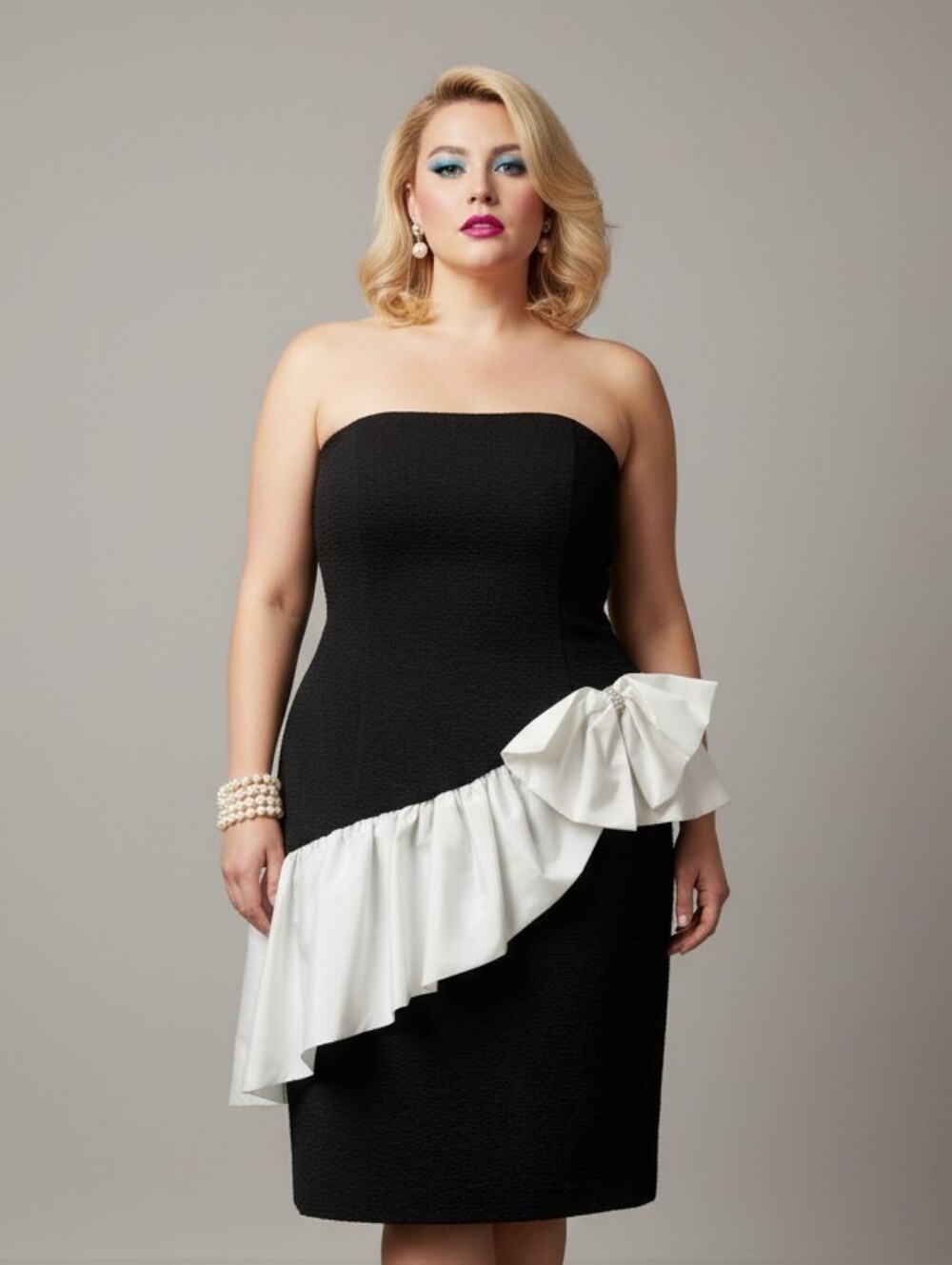 Lori Ann Vintage Strapless Black Cocktail Dress with Ivort Ruffle & Bow
